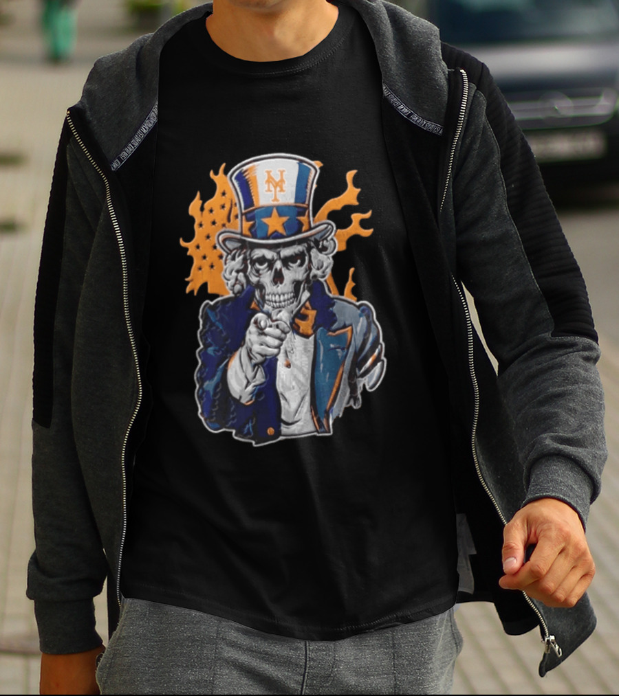 New York Mets Uncle Sam Skeleton Top Hat Stars Flames T-Shirt
