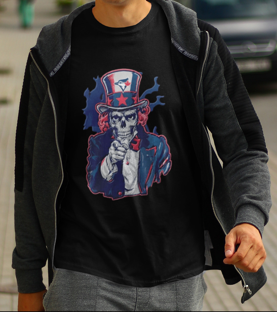 Toronto Blue Jays Skeleton Uncle Sam Pointing American Flag Bird Head Maple Leaf T-Shirt