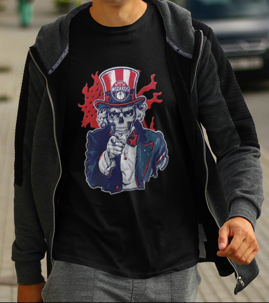 Washington Wizards Skeleton Uncle Sam Pointing Flames American Flag T-Shirt