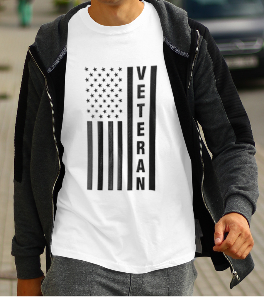 Veteran Vertical Monochrome US Flag Black Stars Stripes T-Shirt
