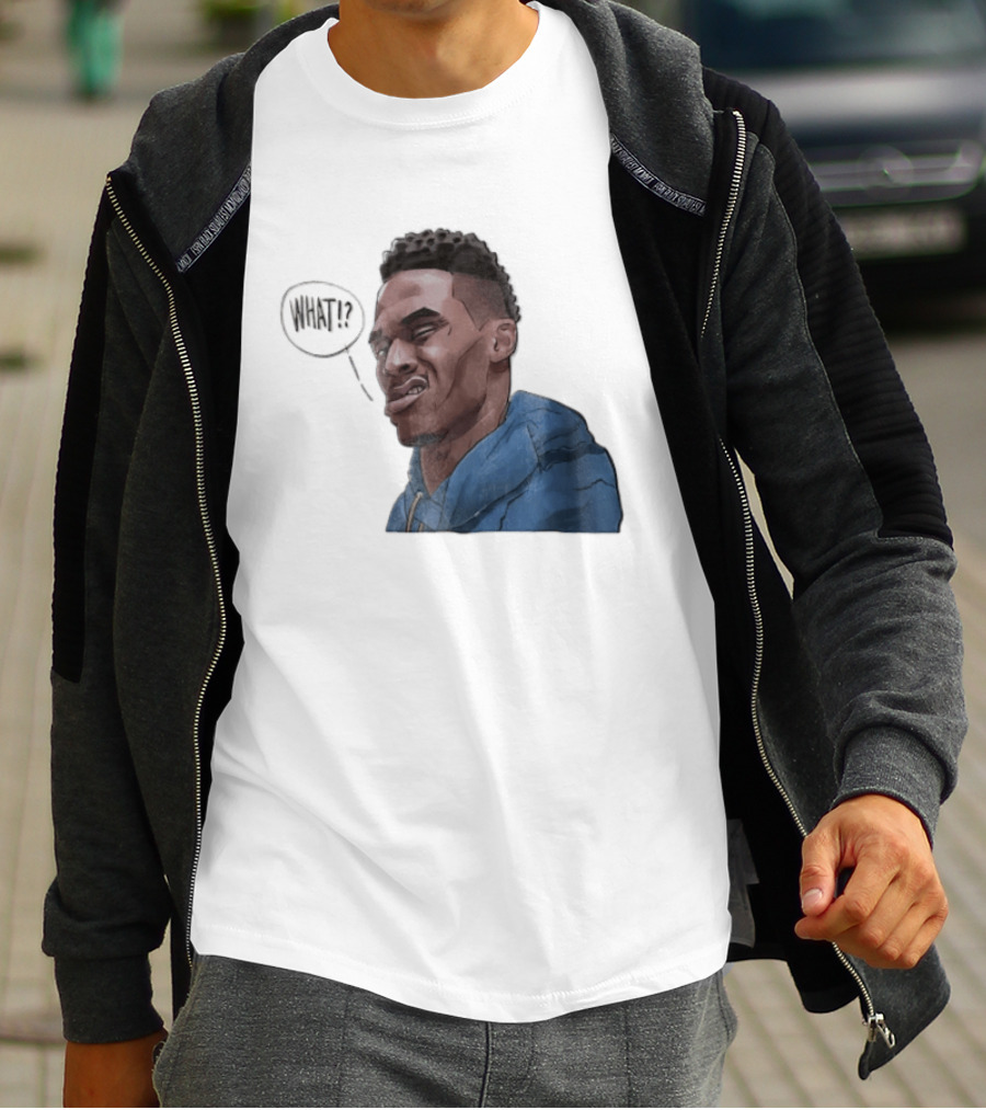 Russell Westbrook Cartoon Caricature Confused Face What Speech Bubble Blue T-Shirt
