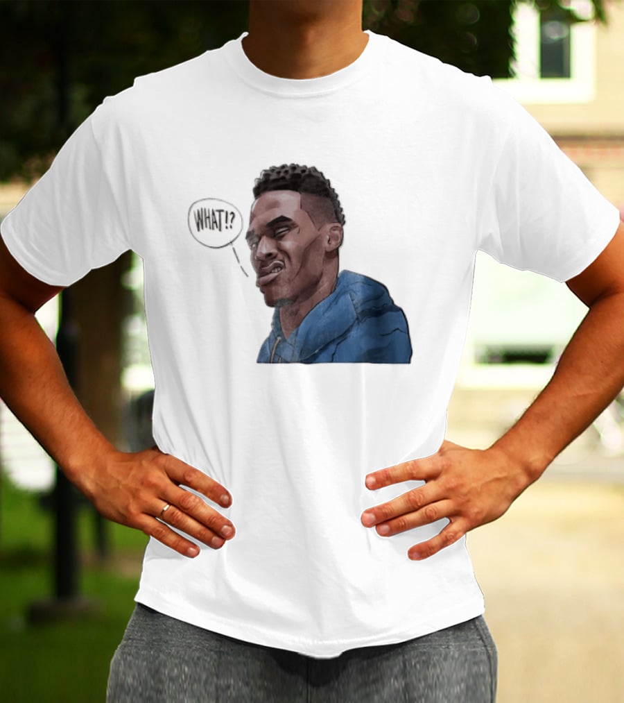 Russell Westbrook Cartoon Caricature Confused Face What Speech Bubble Blue T-Shirt