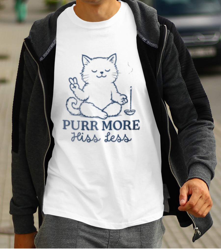 Purr More Hiss Less Cat Meditating Peaceful Incense Line T-Shirt