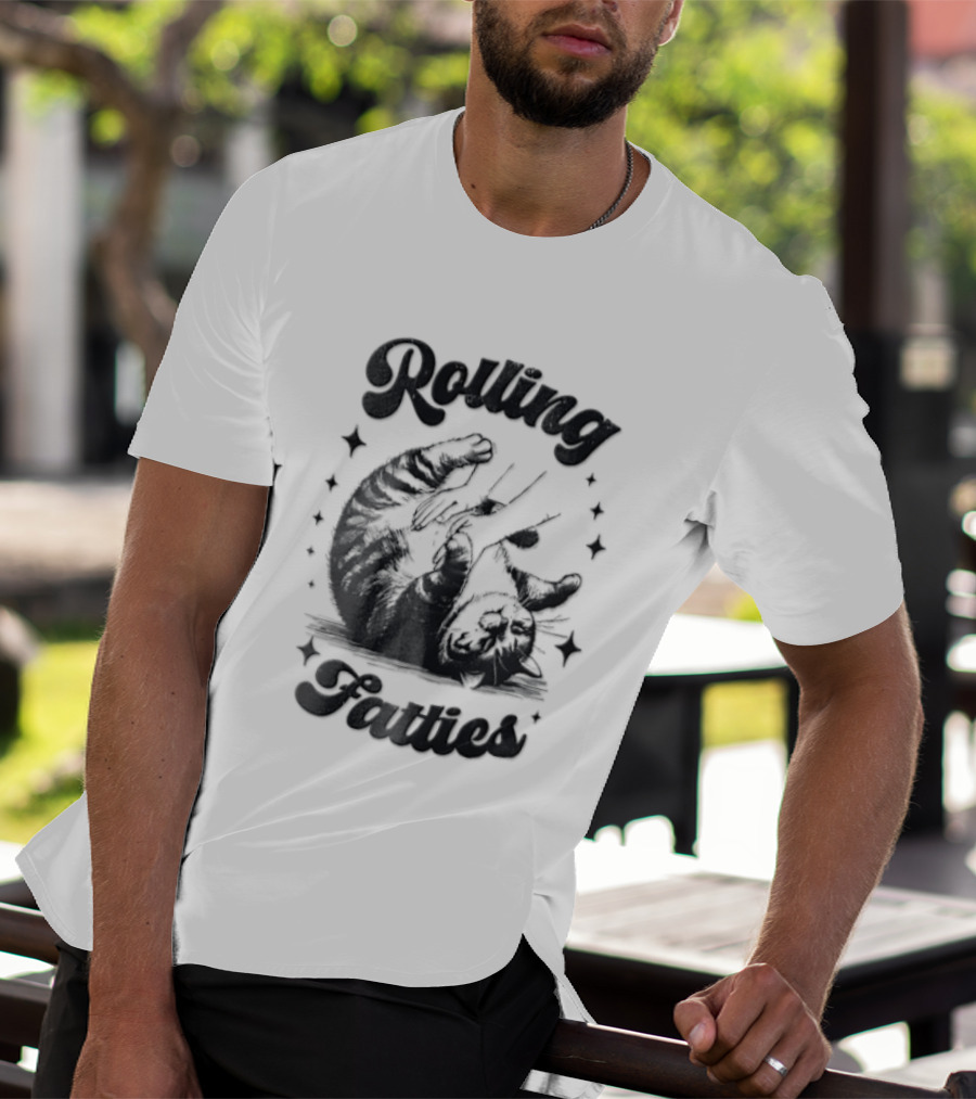 Rolling Fatties Chubby Tabby Cat Belly Rub Stars Line T-Shirt