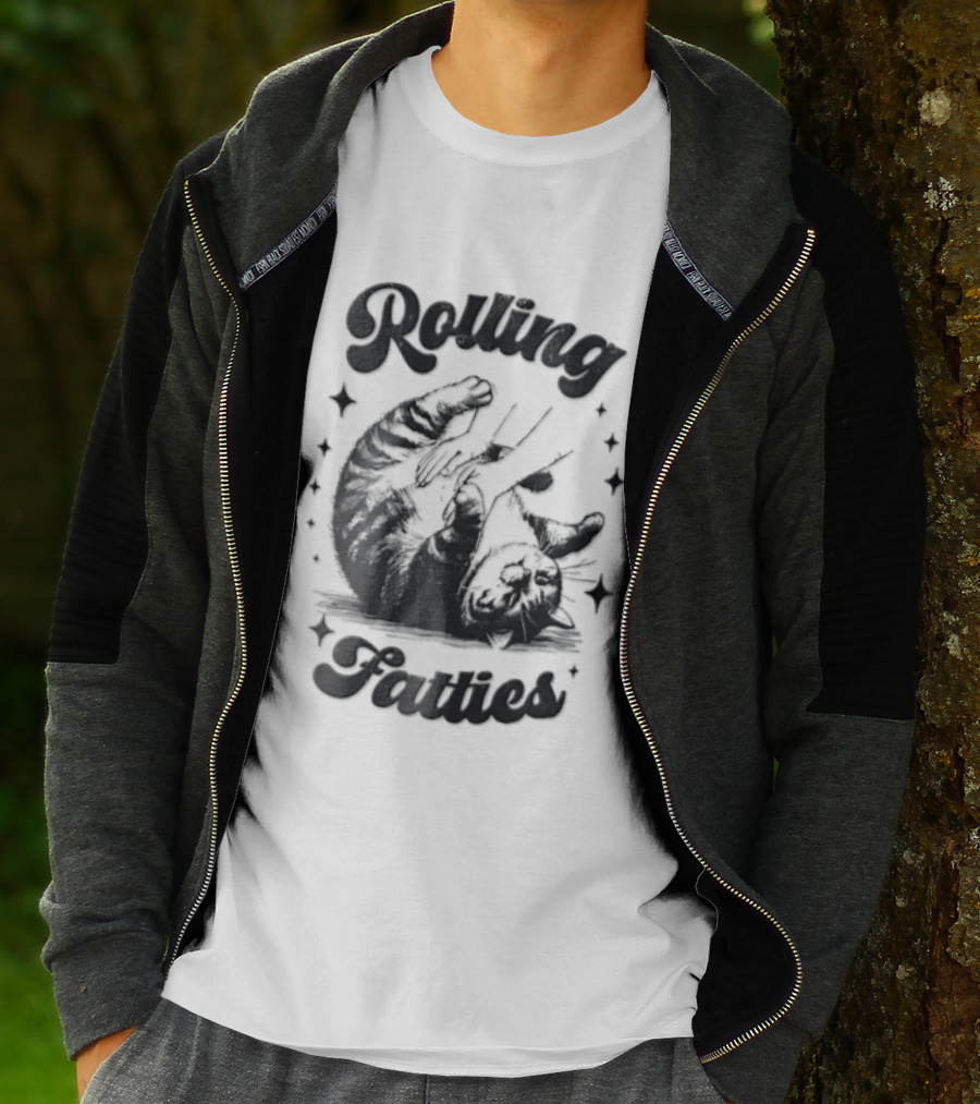 Rolling Fatties Chubby Tabby Cat Belly Rub Stars Line T-Shirt