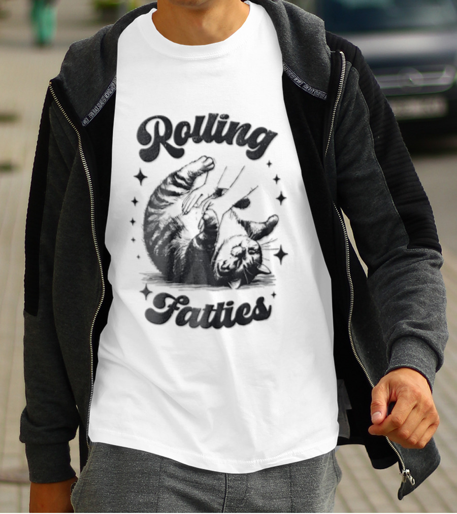 Rolling Fatties Chubby Tabby Cat Belly Rub Stars Line T-Shirt