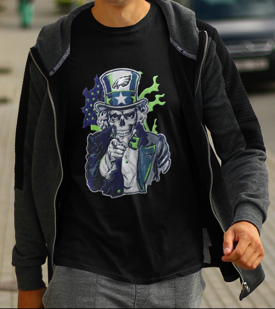 Philadelphia Eagles Uncle Sam Skull With Flag And Stars T-Shirt