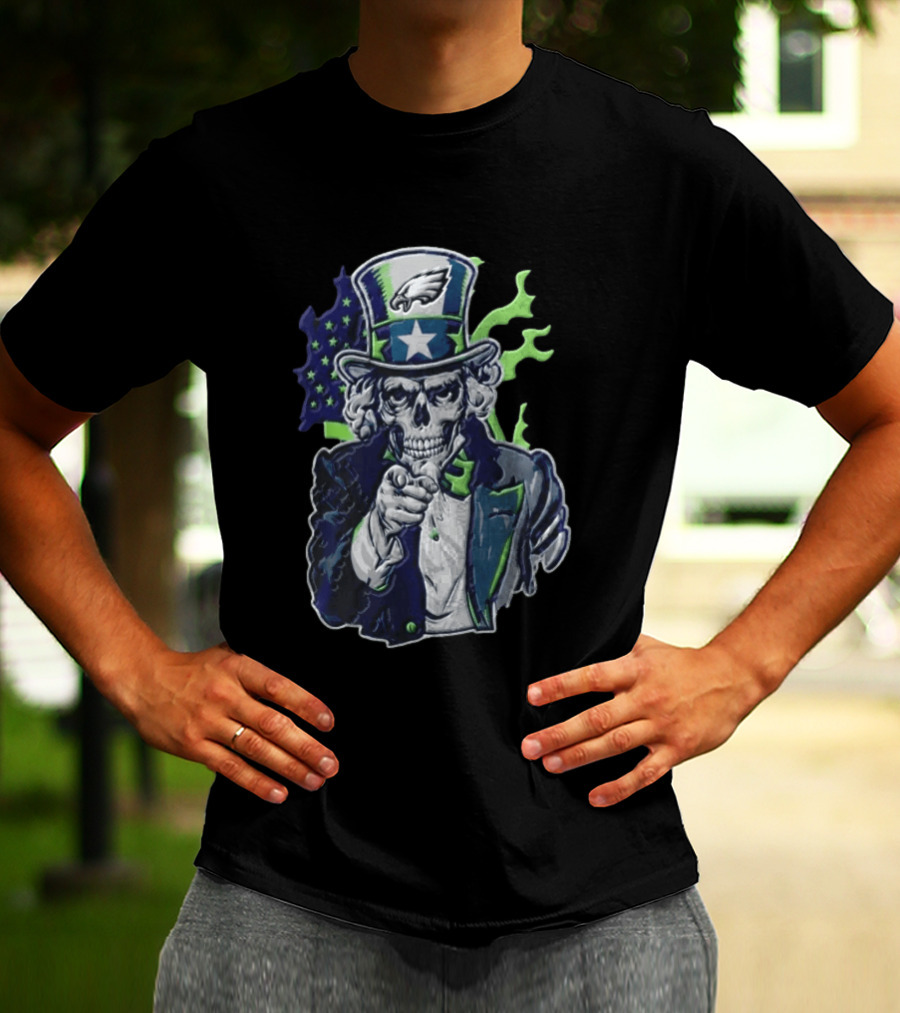 Philadelphia Eagles Uncle Sam Skull With Flag And Stars T-Shirt