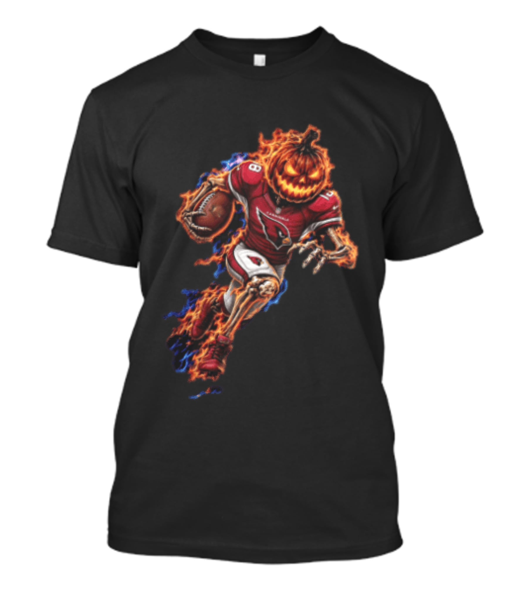 Arizona Cardinals Flaming Pumpkin Head Skeleton Football Player Halloween T-Shirt