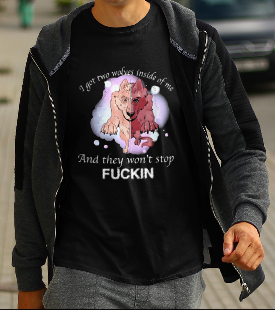 I Got Two Wolves Inside Of Me And They Wont Stop Fuckin Cartoon Split Wolf Pastel Cloud Funny Humor T-Shirt