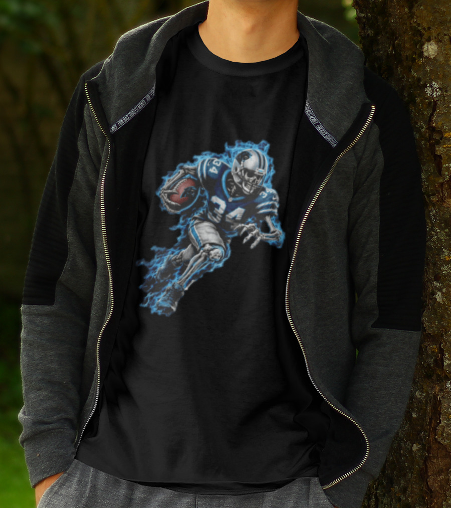Carolina Panthers Skeleton Running Back 34 Blue Flames Football T-Shirt