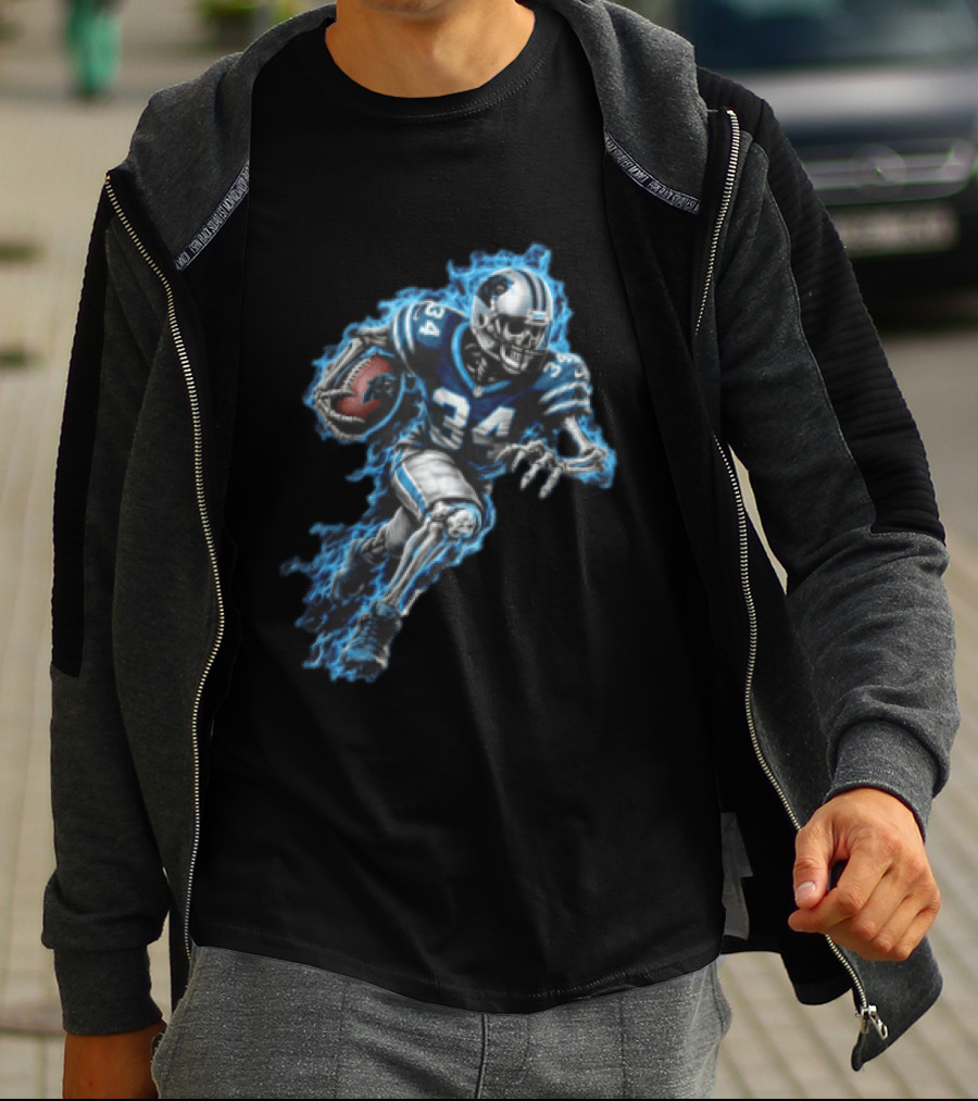 Carolina Panthers Skeleton Running Back 34 Blue Flames Football T-Shirt