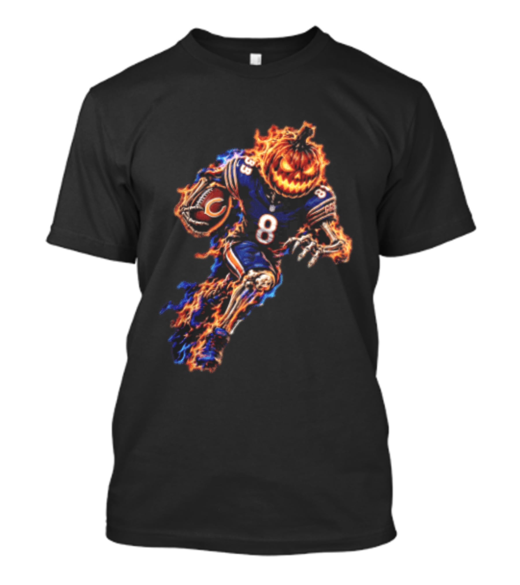 Chicago Bears Flaming Pumpkin Skeleton Football Running Halloween Scary Sports Fan T-Shirt