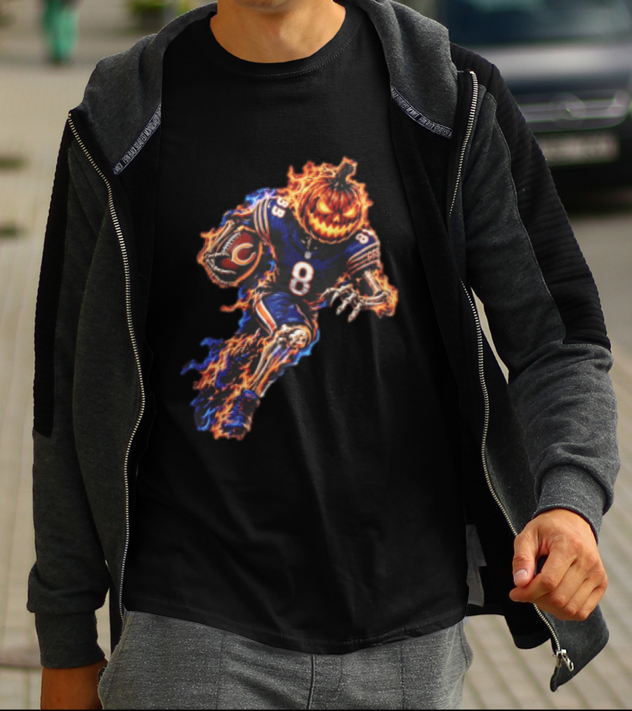 Chicago Bears Flaming Pumpkin Skeleton Football Running Halloween Scary Sports Fan T-Shirt