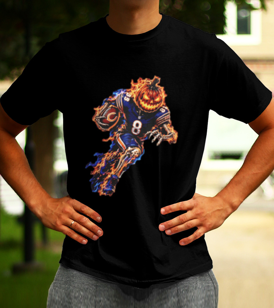 Chicago Bears Flaming Pumpkin Skeleton Football Running Halloween Scary Sports Fan T-Shirt