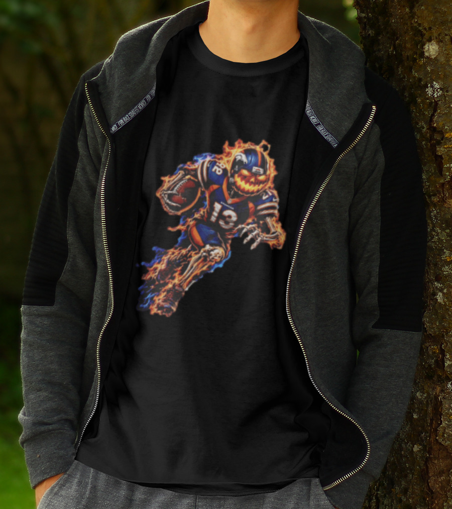Denver Broncos Fiery Pumpkin Head Skeleton Football Player T-Shirt