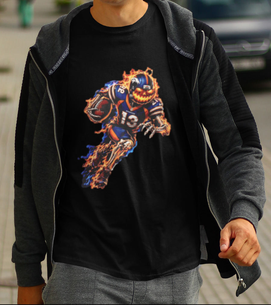 Denver Broncos Fiery Pumpkin Head Skeleton Football Player T-Shirt