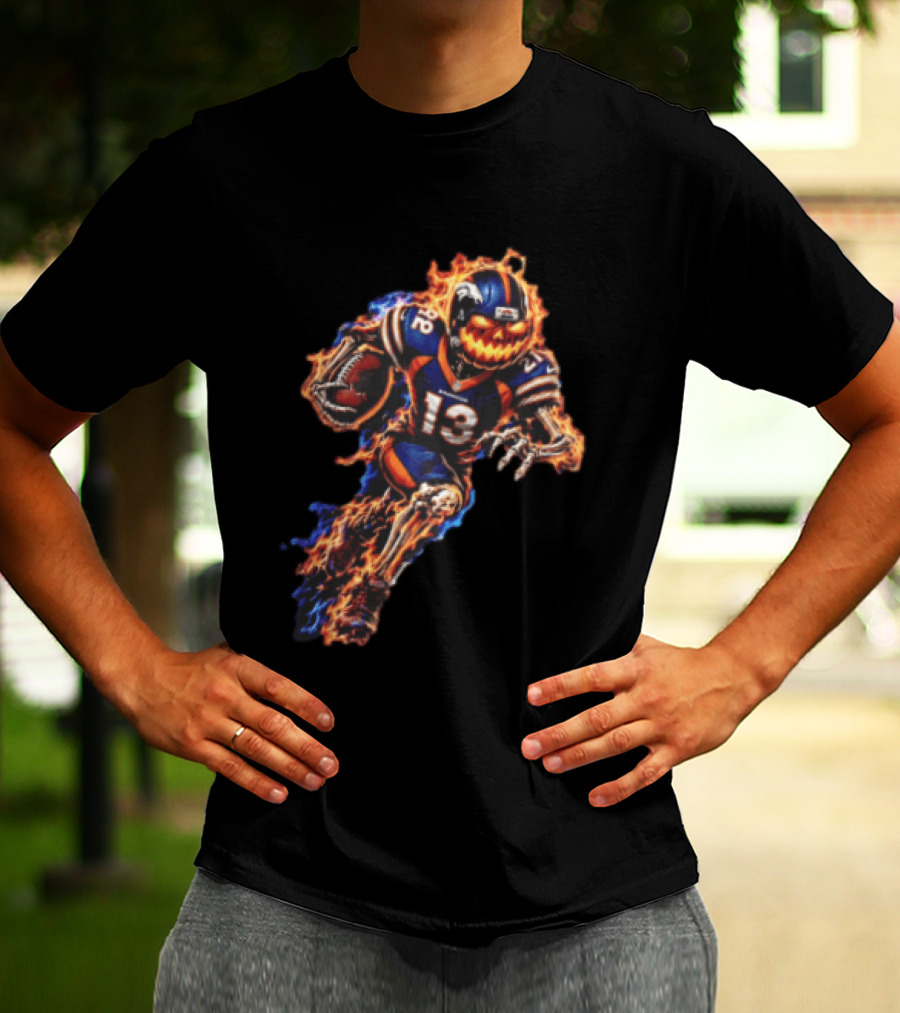 Denver Broncos Fiery Pumpkin Head Skeleton Football Player T-Shirt