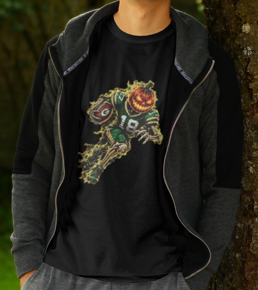 Green Bay Packers Halloween Pumpkin Head Skeleton Football Player Running T-Shirt