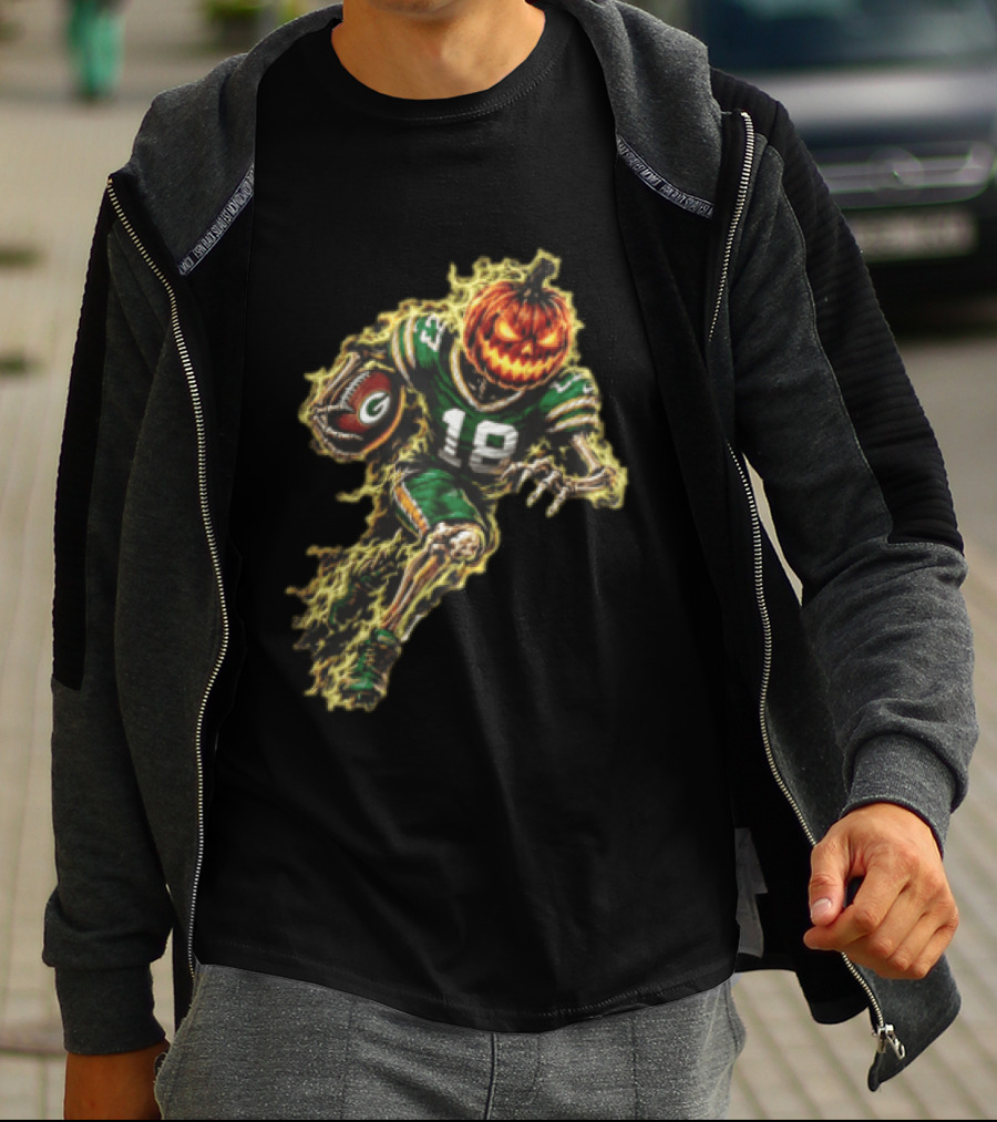 Green Bay Packers Halloween Pumpkin Head Skeleton Football Player Running T-Shirt
