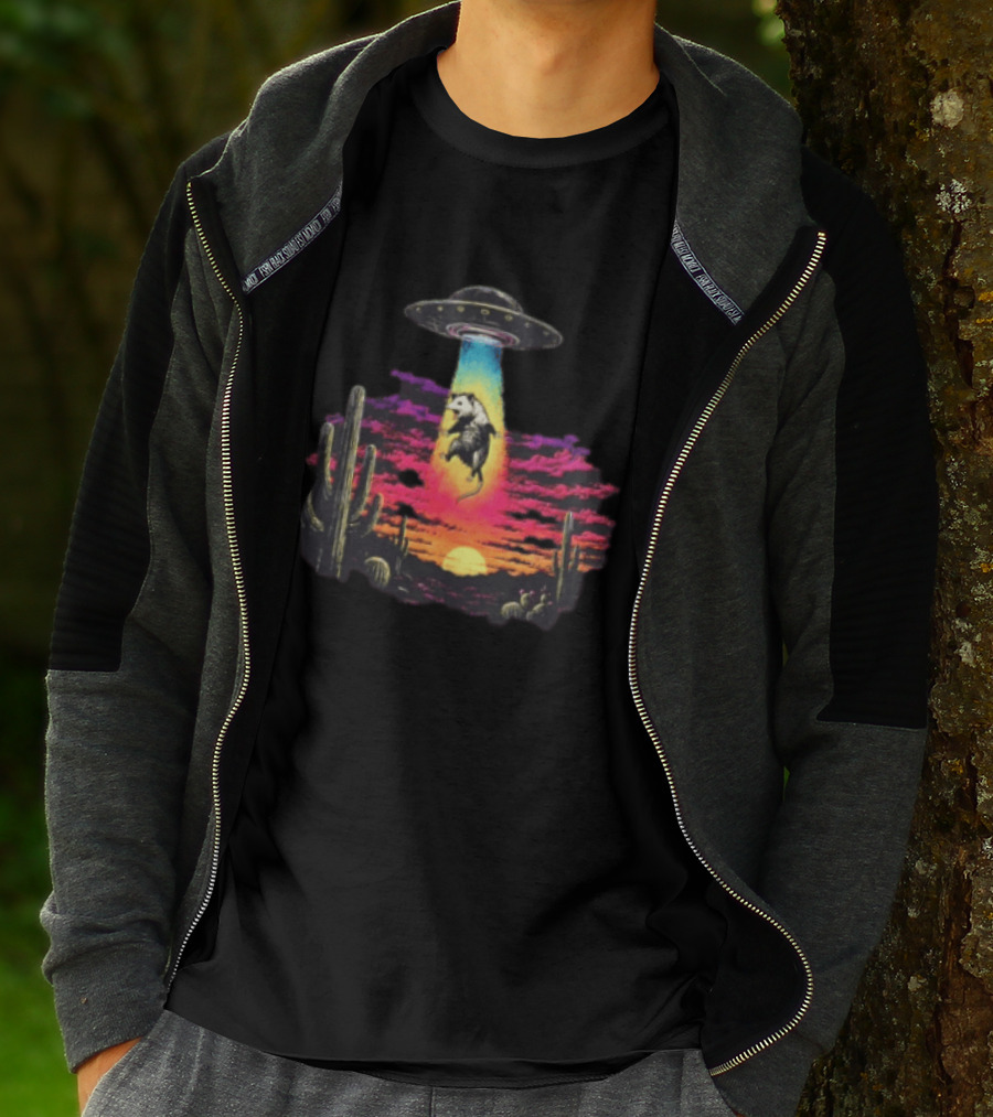 UFO Opossum Abduction In Desert Sunset Scene With Cacti And Colorful Sky T-Shirt