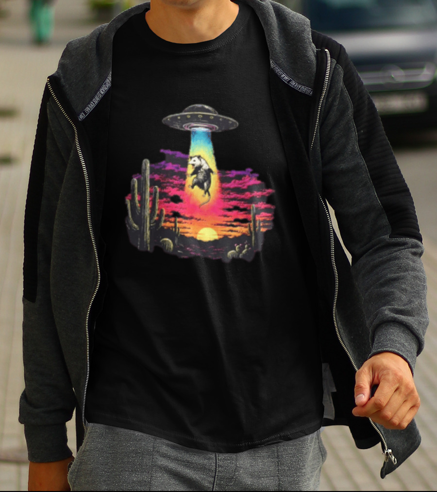 UFO Opossum Abduction In Desert Sunset Scene With Cacti And Colorful Sky T-Shirt