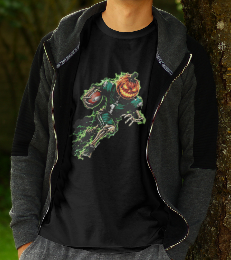 Philadelphia Eagles Pumpkin Head Skeleton Player Green Flames Football T-Shirt