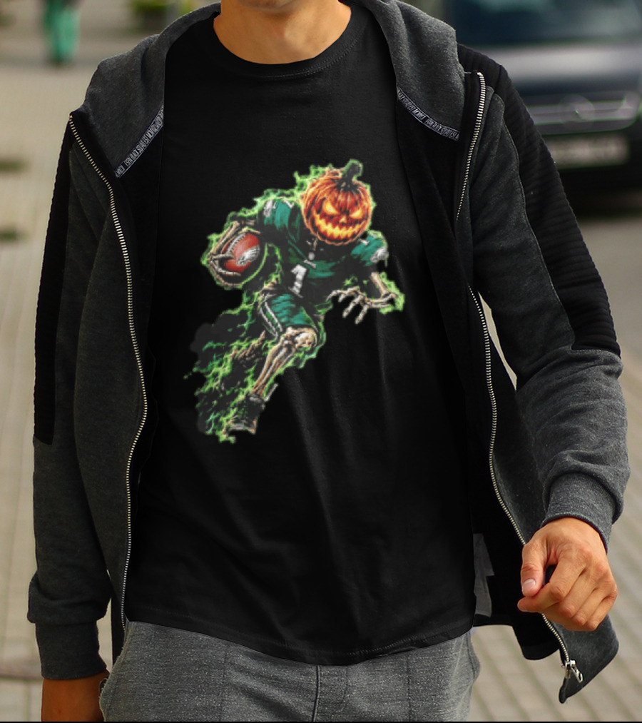 Philadelphia Eagles Pumpkin Head Skeleton Player Green Flames Football T-Shirt