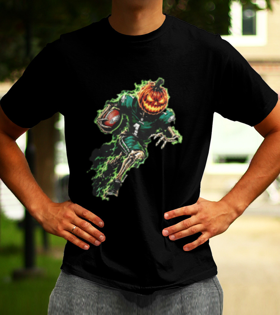 Philadelphia Eagles Pumpkin Head Skeleton Player Green Flames Football T-Shirt