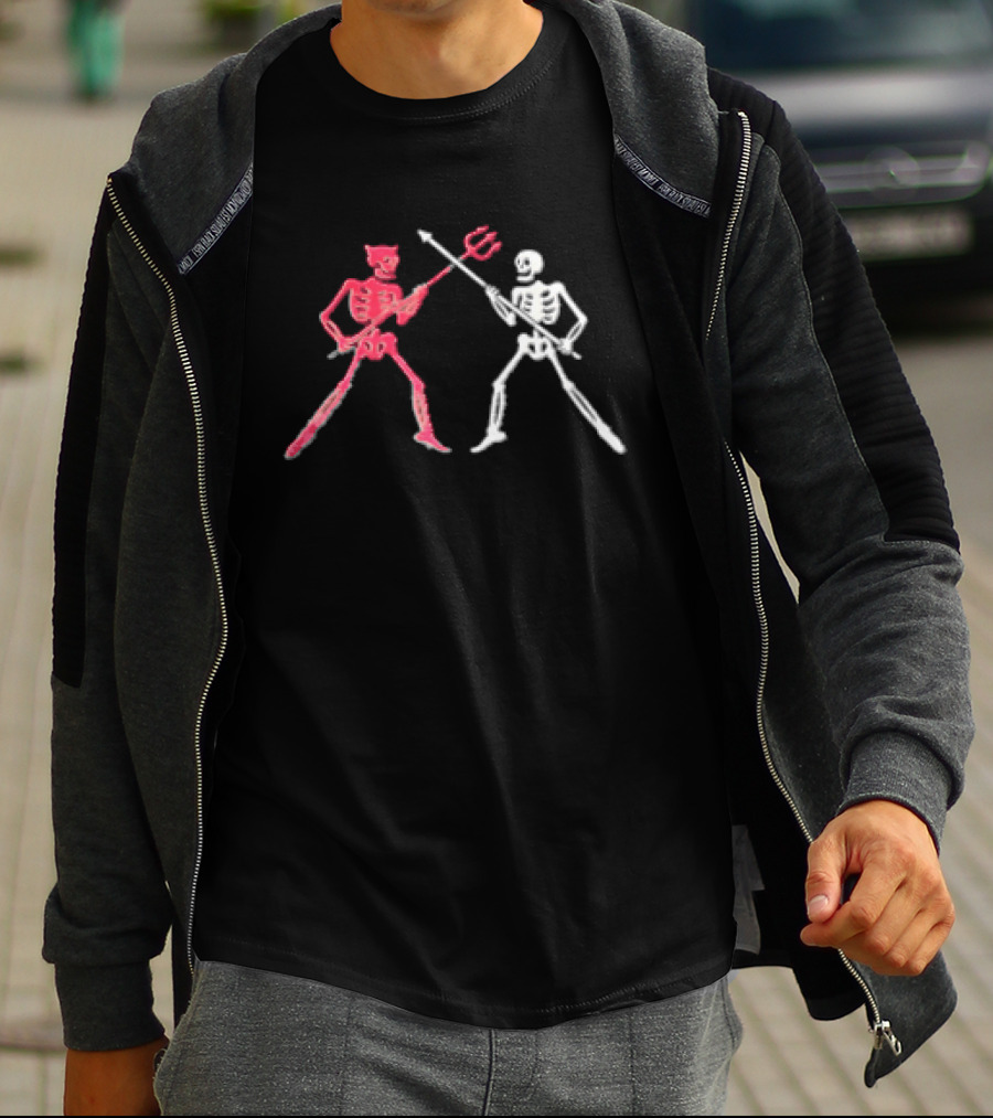 Red Horned Devil And White Skeleton Dueling With Spear And Trident Line T-Shirt