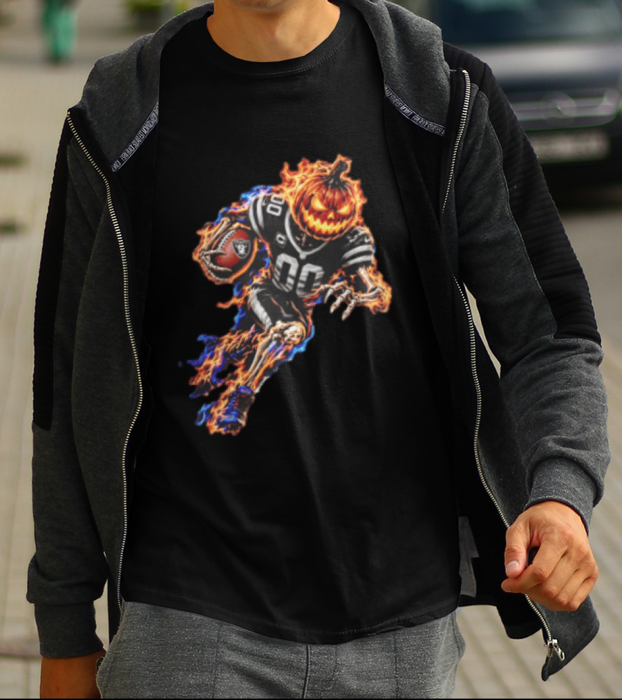Las Vegas Raiders Flaming Pumpkin Skeleton Football Player Halloween T-Shirt