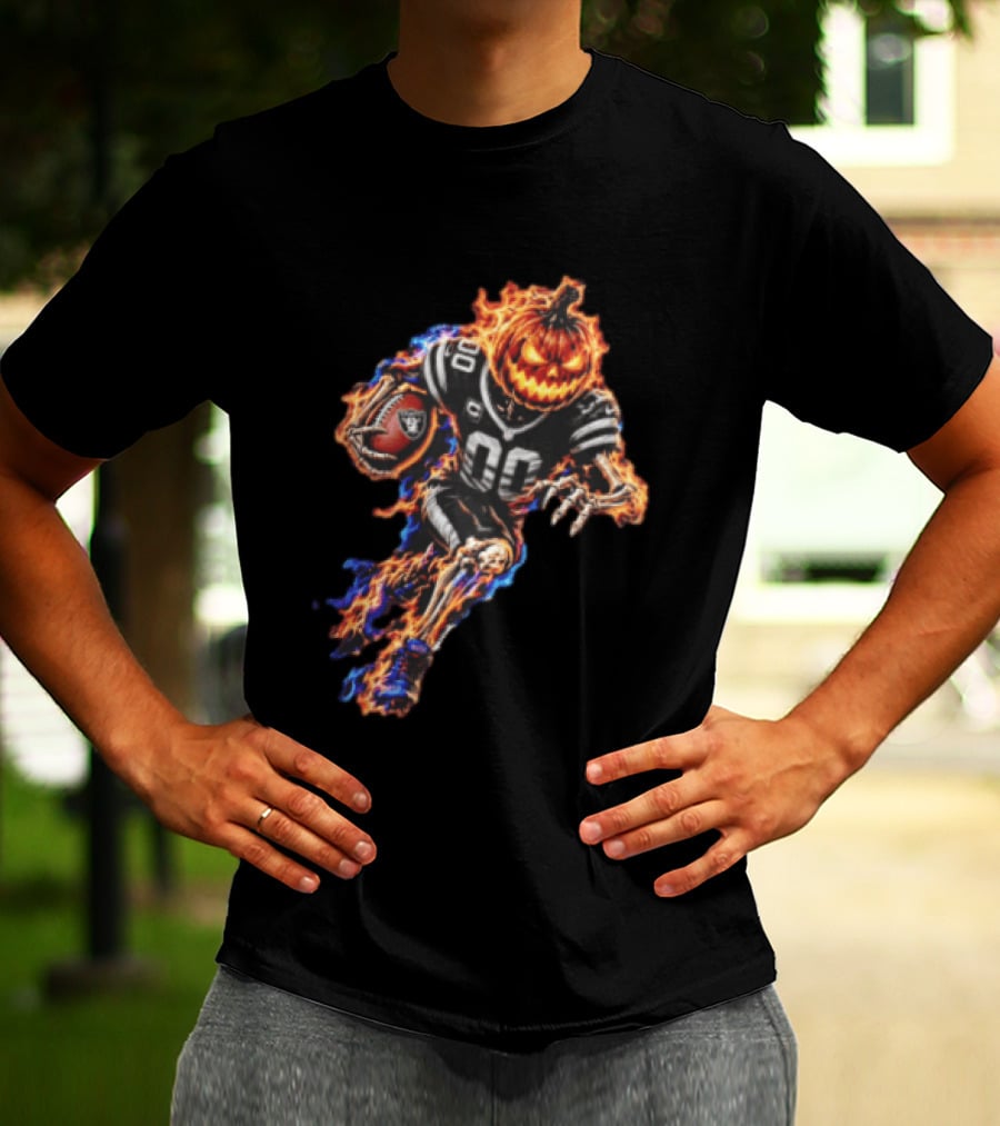 Las Vegas Raiders Flaming Pumpkin Skeleton Football Player Halloween T-Shirt