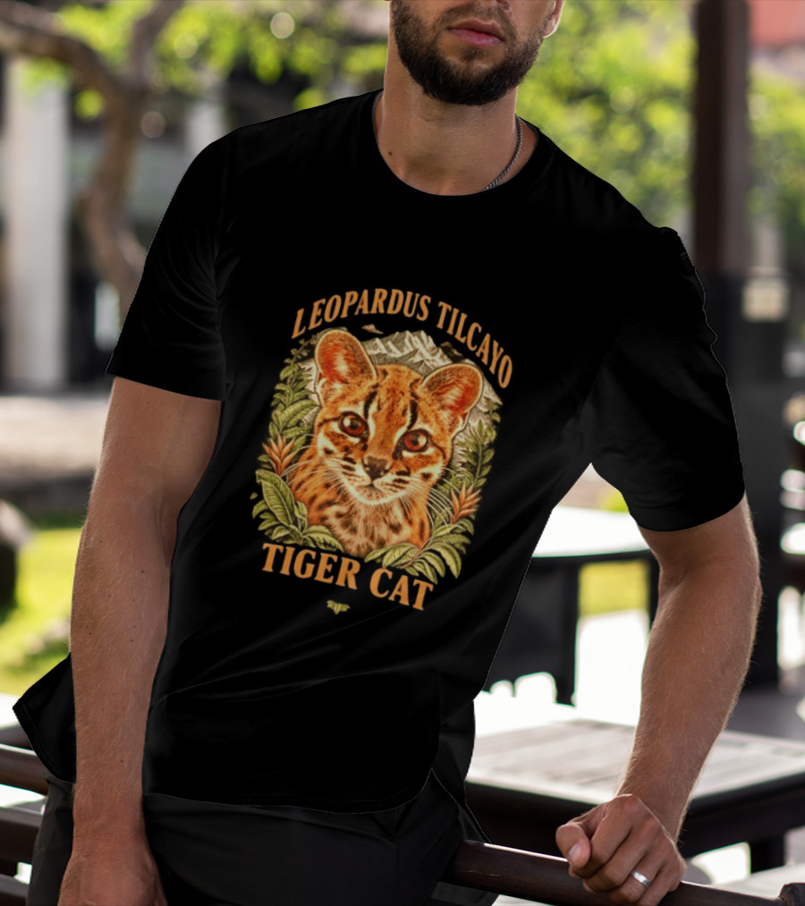 Leopardus Tilcayo Tiger Cat Wildlife Art With Foliage And Mountain T-Shirt