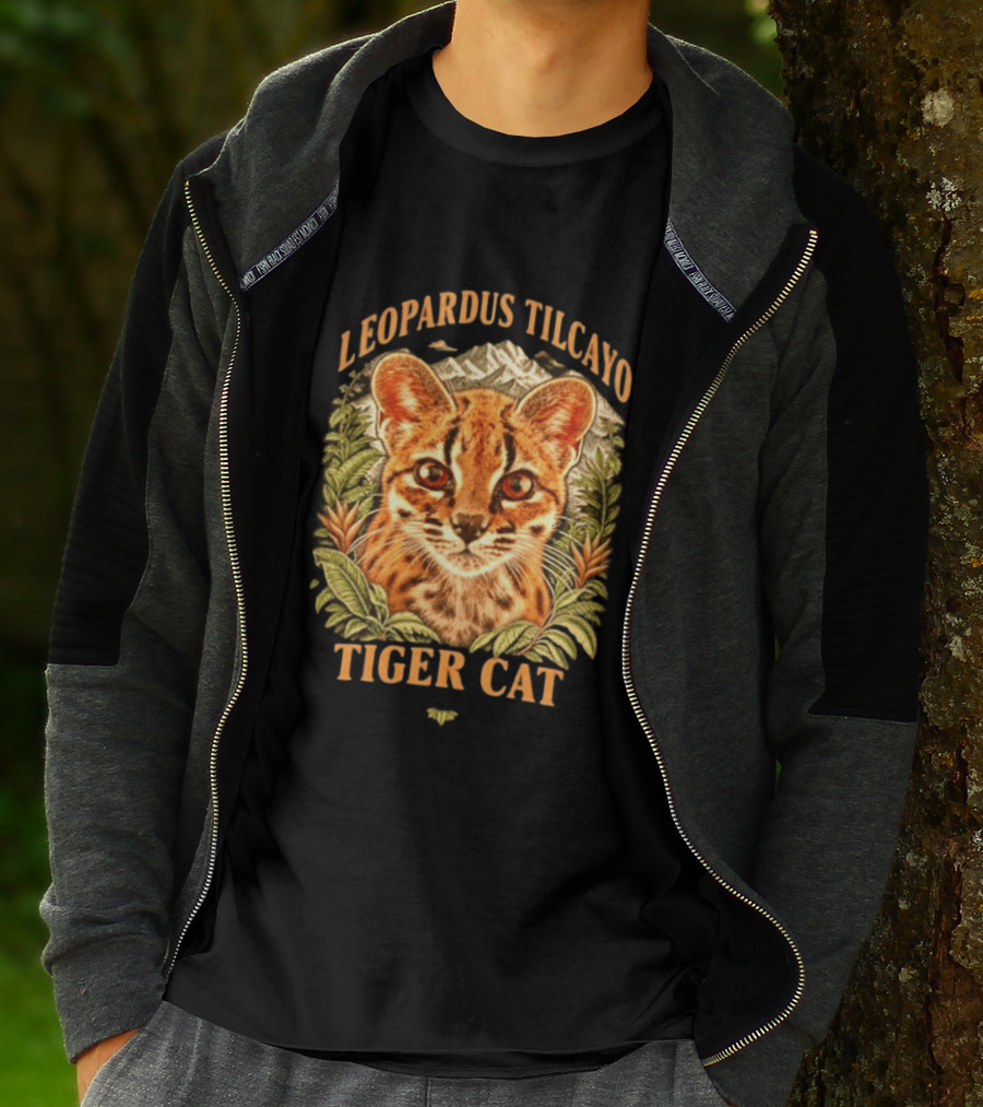 Leopardus Tilcayo Tiger Cat Wildlife Art With Foliage And Mountain T-Shirt
