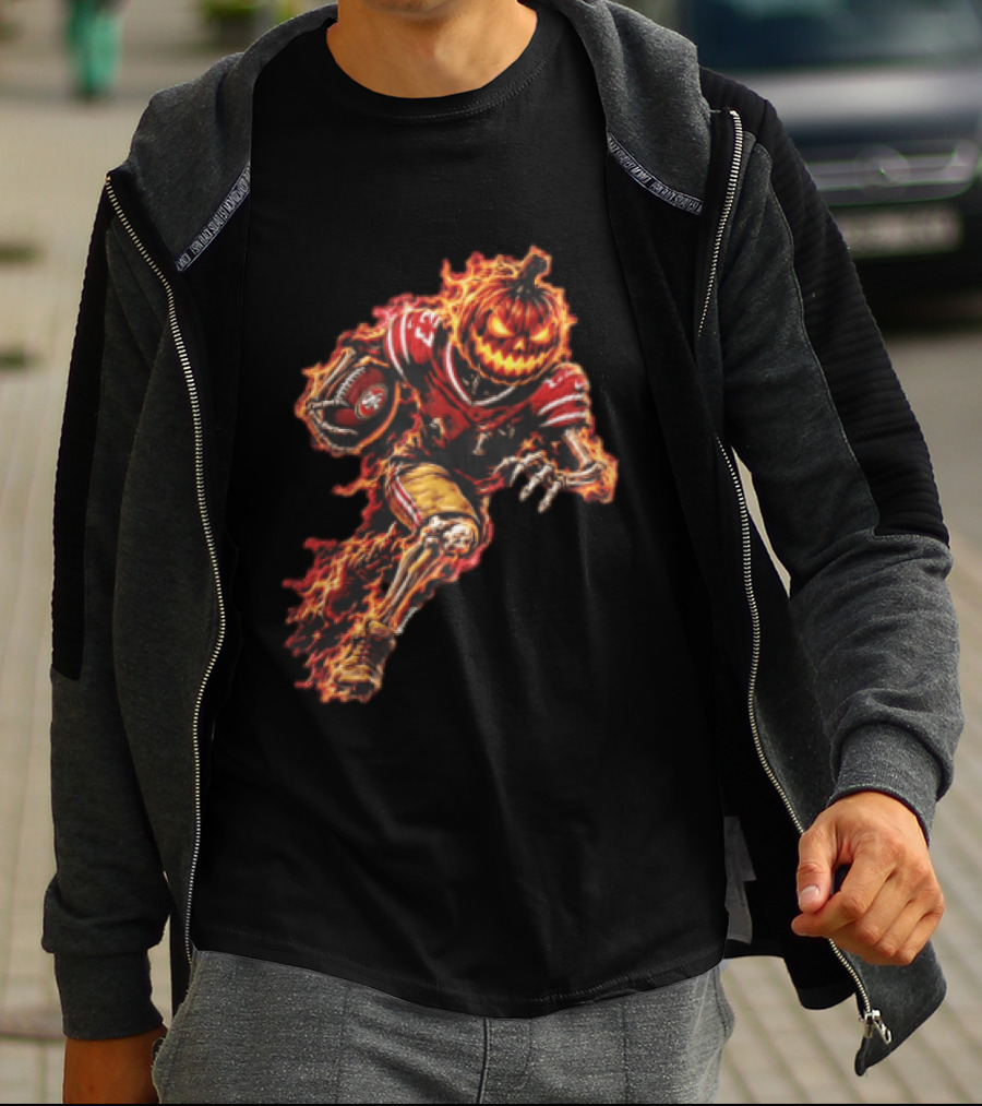 San Francisco 49ers Halloween Fiery Pumpkin Head Skeleton Football Player T-Shirt