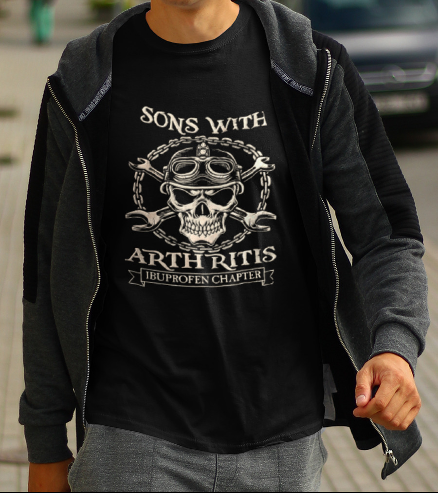 Sons With Arthritis Ibuprofen Chapter Skull Biker Helmet Goggles Wrenches Chain T-Shirt