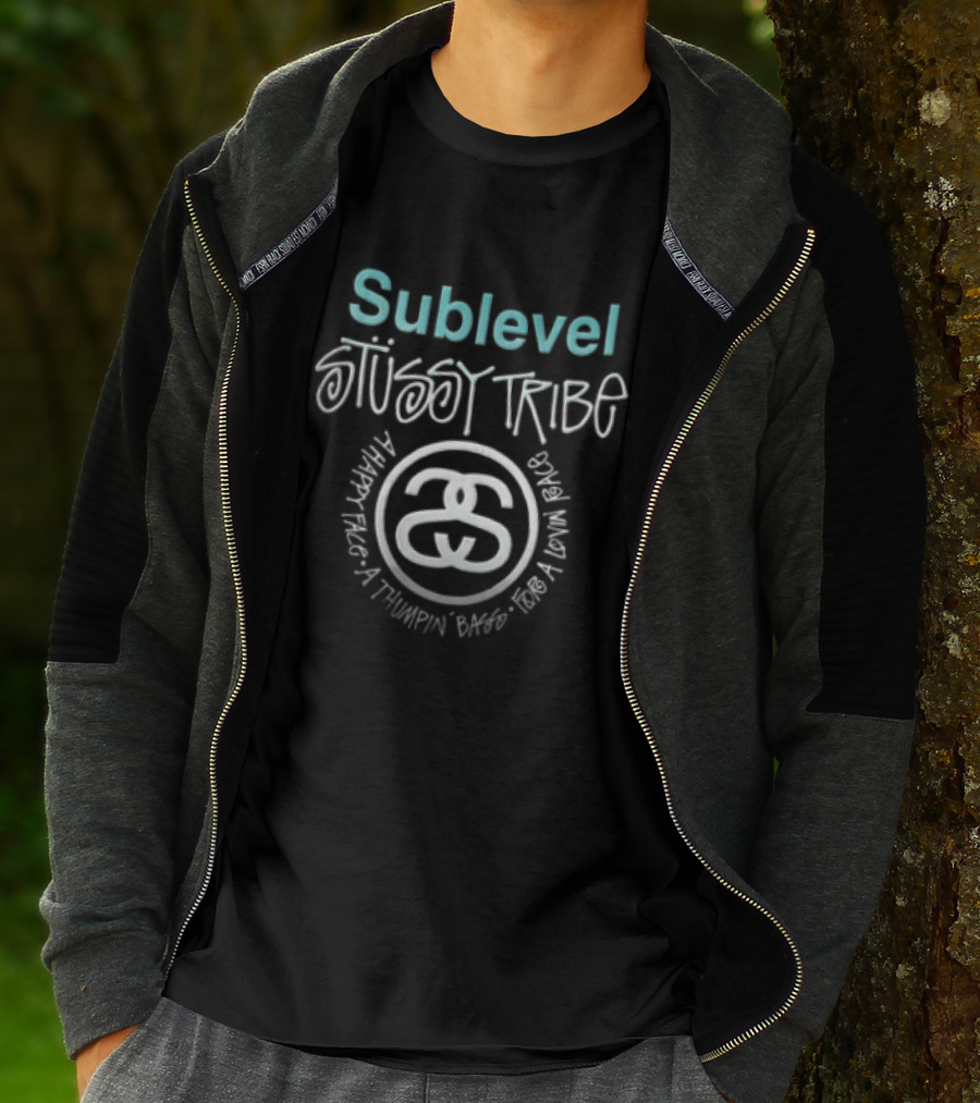 Stussy Sublevel Tribe A Happy Face Thumpin Bass For Lovin Race Interlocking Double S T-Shirt