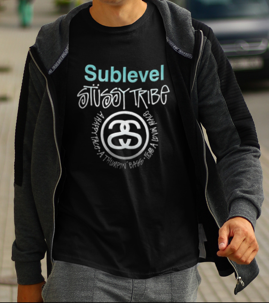 Stussy Sublevel Tribe A Happy Face Thumpin Bass For Lovin Race Interlocking Double S T-Shirt