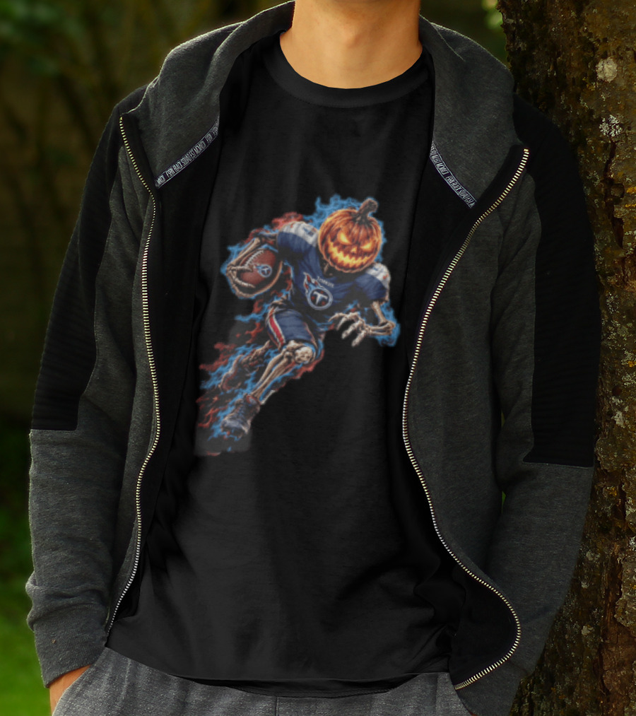 Tennessee Titans Pumpkin Head Skeleton Football Player Blue Flames Halloween NFL T-Shirt