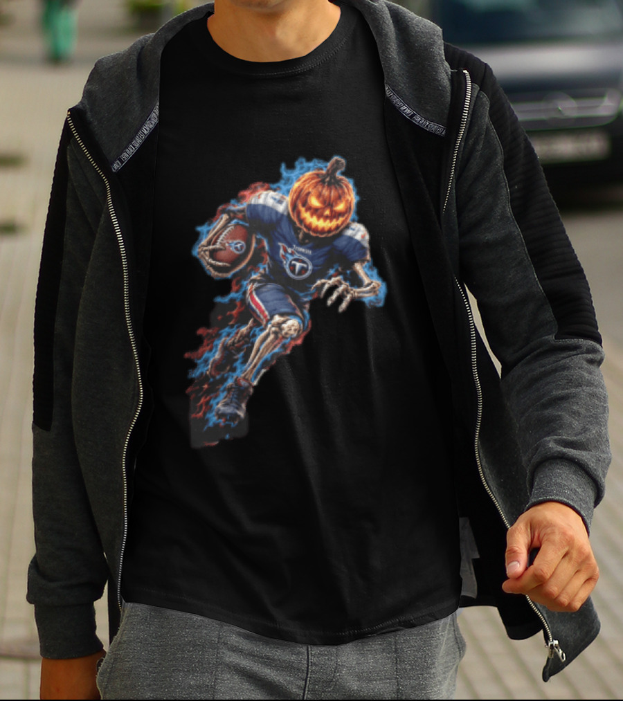 Tennessee Titans Pumpkin Head Skeleton Football Player Blue Flames Halloween NFL T-Shirt