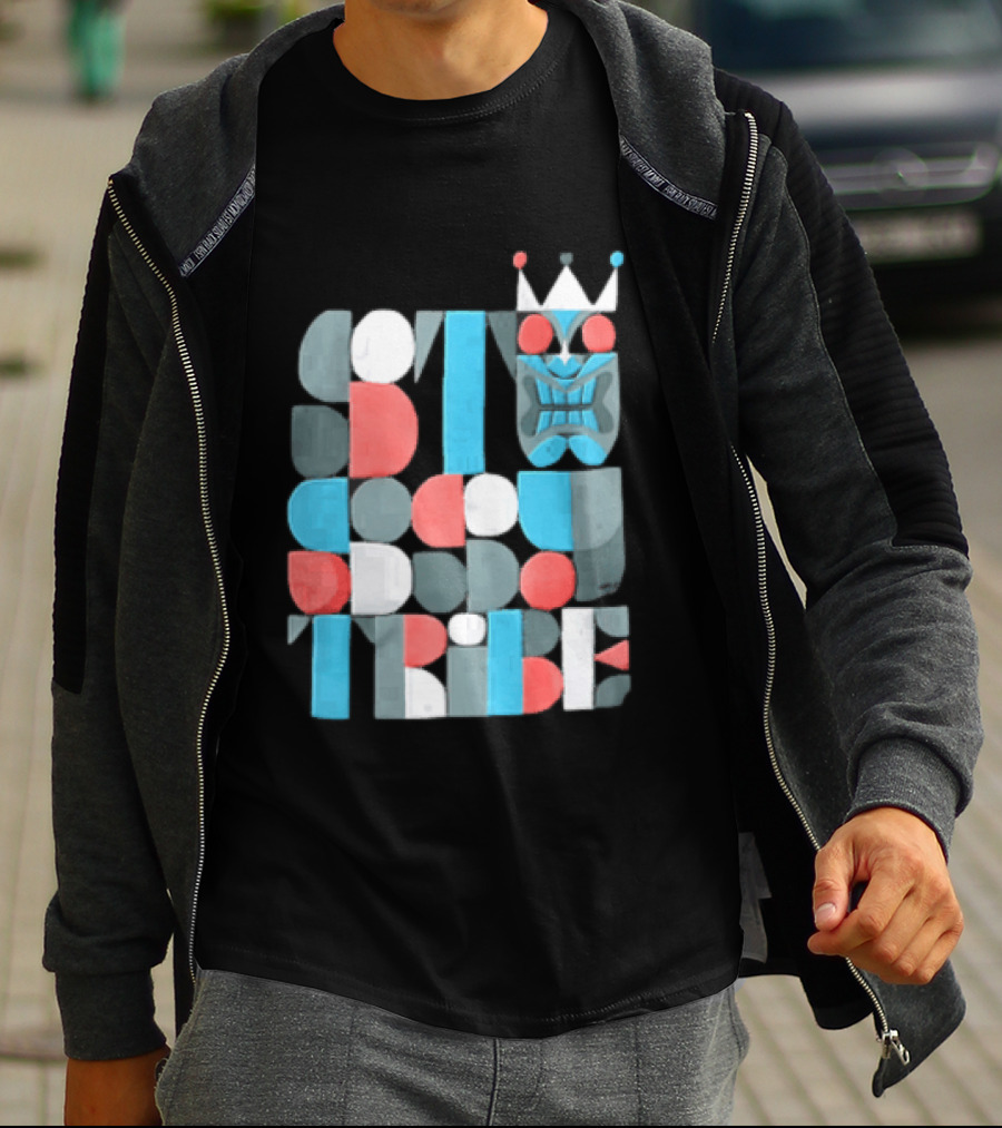 Tribe Crowned Tiki Mask Geometric Color Block T-Shirt