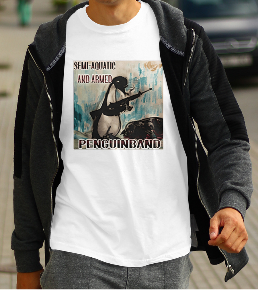 Semi Aquatic And Armed Penguin Band With Rifle T-Shirt