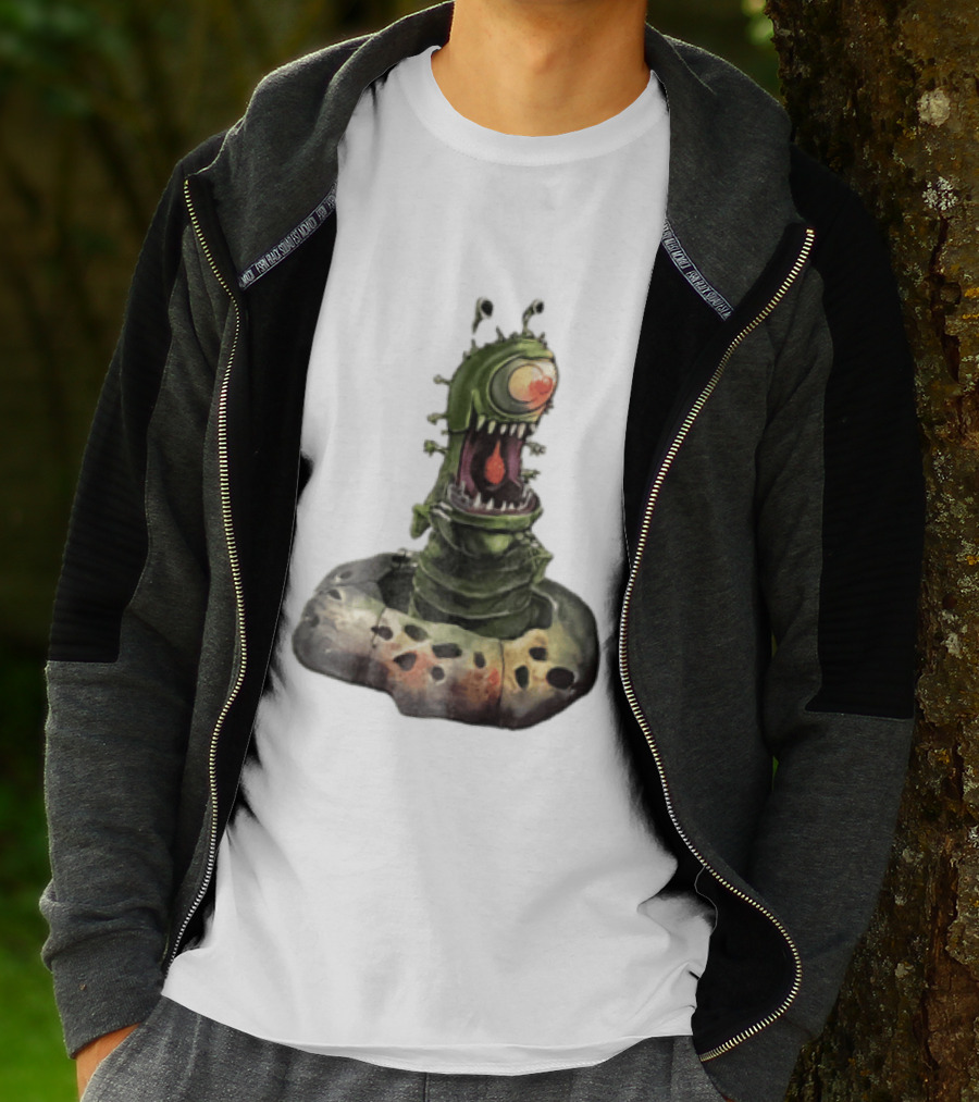 Cartoon Monstrous One Eyed Green Creature Emerging From Ground Hole T-Shirt