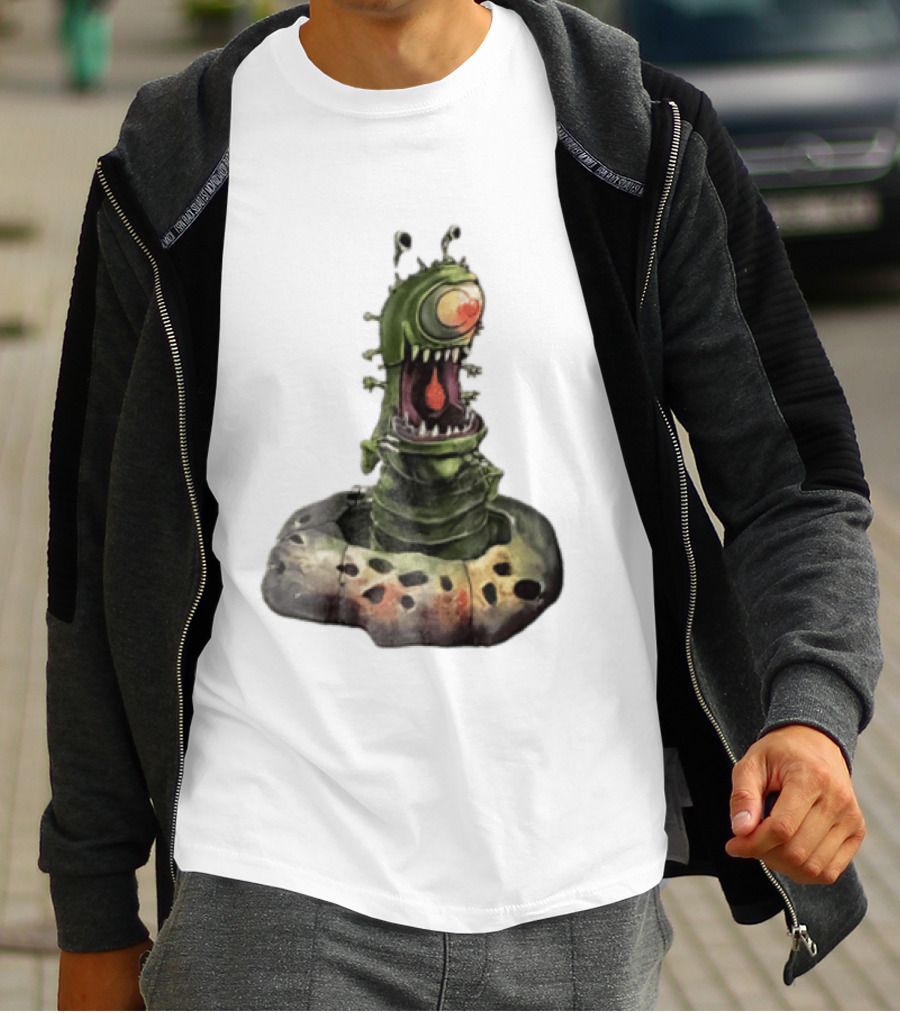 Cartoon Monstrous One Eyed Green Creature Emerging From Ground Hole T-Shirt