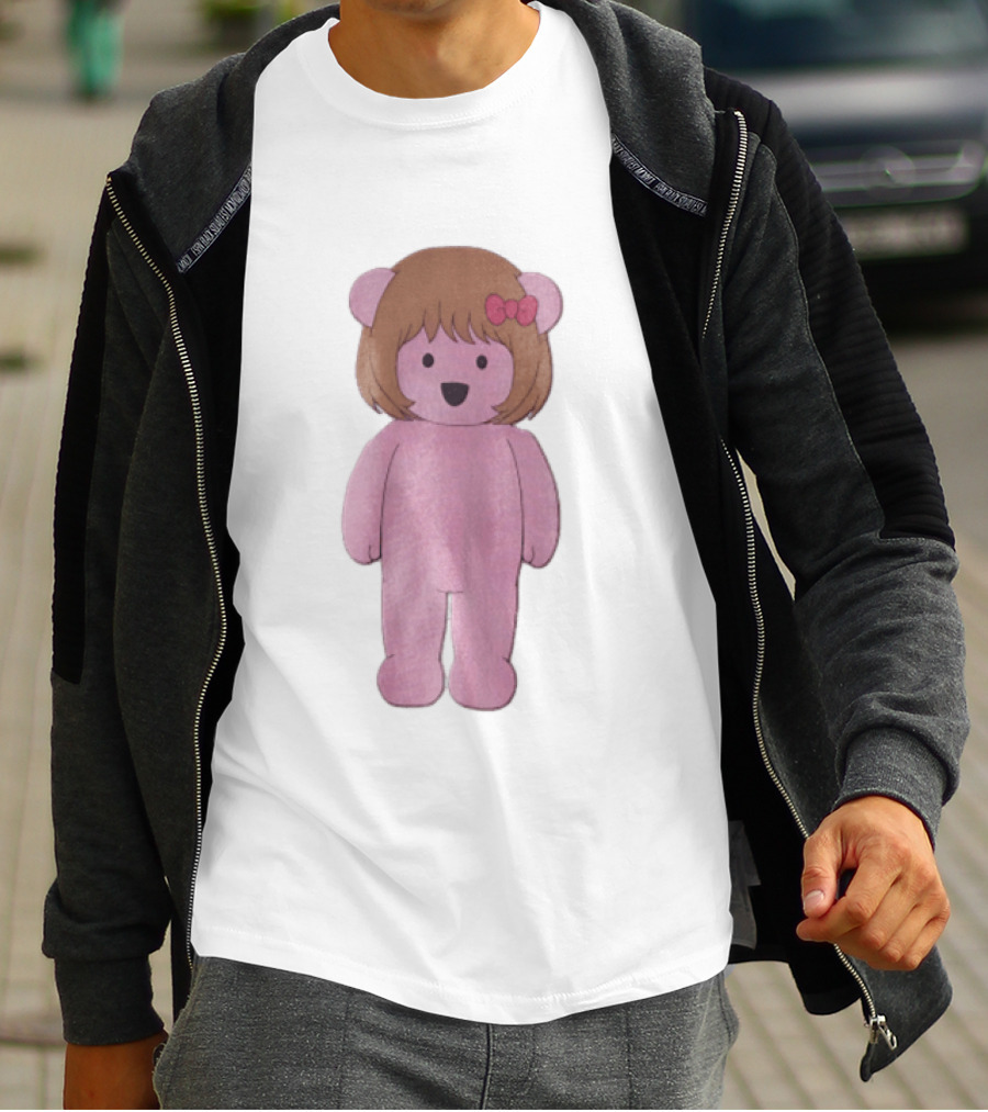 Cartoon Pink Bear With Brown Bob Haircut And Red Ribbon Bow T-Shirt