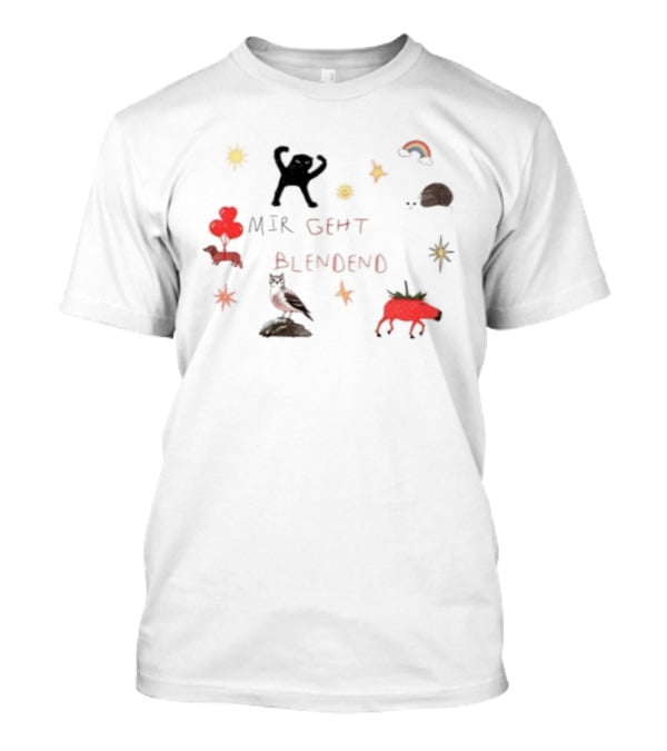 Mir Geht Es Blendend Cat Snail Strawberry Pig With Rainbow And Sun Doodles T-Shirt