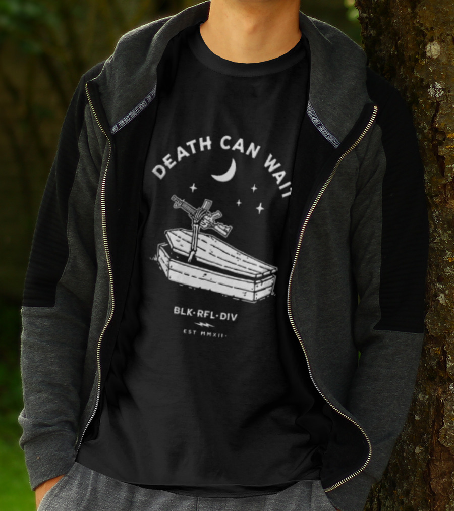 Death Can Wait Coffin Skeleton Hand BLK RFL DIV 2012 Moon Stars T-Shirt