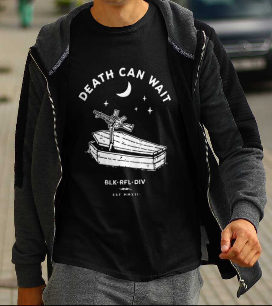 Death Can Wait Coffin Skeleton Hand BLK RFL DIV 2012 Moon Stars T-Shirt