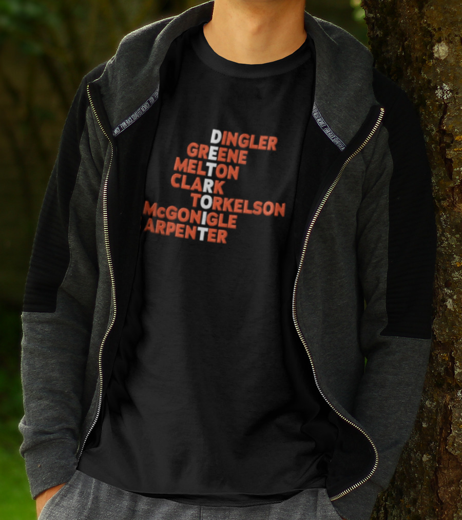 Detroit Tigers Dingler Greene Melton Clark Spencer Torkelson Mcgonigle Carpenter Names Vertical Arrangement T-Shirt