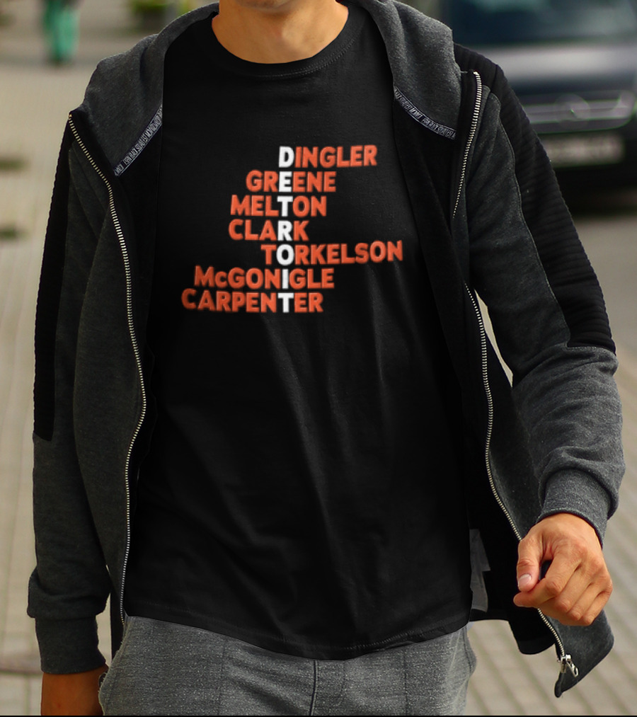 Detroit Tigers Dingler Greene Melton Clark Spencer Torkelson Mcgonigle Carpenter Names Vertical Arrangement T-Shirt